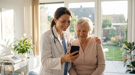 caucasian doctor showing smartphone screen to senior woman during home visit. medical professional explaining mobile app results. healthcare technology. banner, website header.