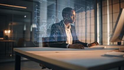 Professional businesswoman analyzing data on modern computer screen in office