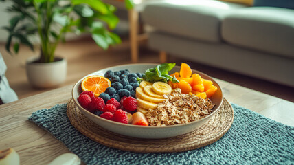 There is a healthy breakfast with fruits and berries on the table in the living room.