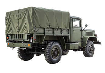 Vintage military truck with covered cargo on transparent background
