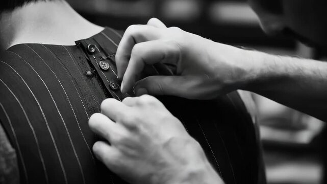 Medium shot capturing a tailor adjusting garment panels to ensure invisible pattern seams focusing on flawless texture alignment for a hidden join effect.
