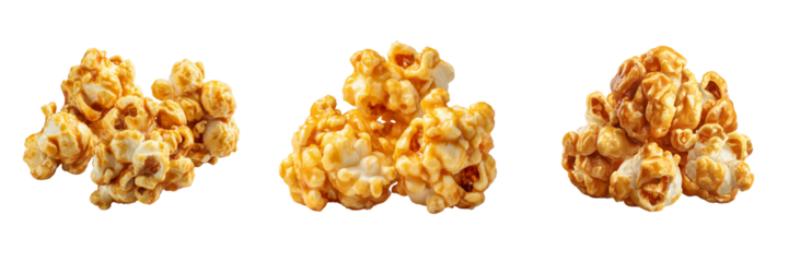Three clusters of golden caramel popcorn with a glossy sheen isolated on a transparent background sweet