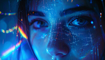 Cybernetic Vision: A close-up portrait of an individual, their eyes alight with the glow of digital data, gazing intently into the future. It's a striking vision of technological integration.