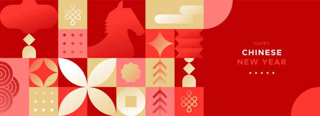 Fototapeta premium Happy Chinese New Year of the horse 2026 modern mosaic illustration template in abstract geometric style. China culture festival event design with gold fortune decoration.
