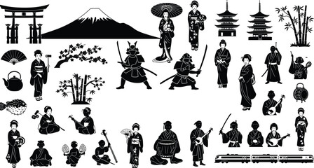 Japanese culture silhouette set, traditional geisha samurai pagoda torii Fuji bamboo icons, black vector illustration collection, heritage travel asia design © Bappi Creatives