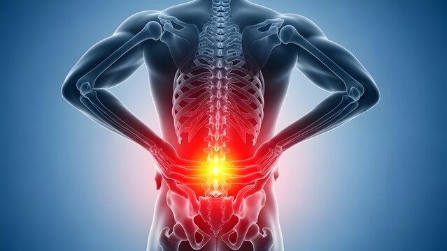 Anatomical human skeleton showing lower back pain. Healthcare and spine rehabilitation. Glowing red area on the lumbar spine of a male silhouette with hands on hips