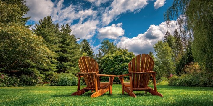 The Adirondack chairs on a sunlit lawn beneath dramatic summer clouds and green trees