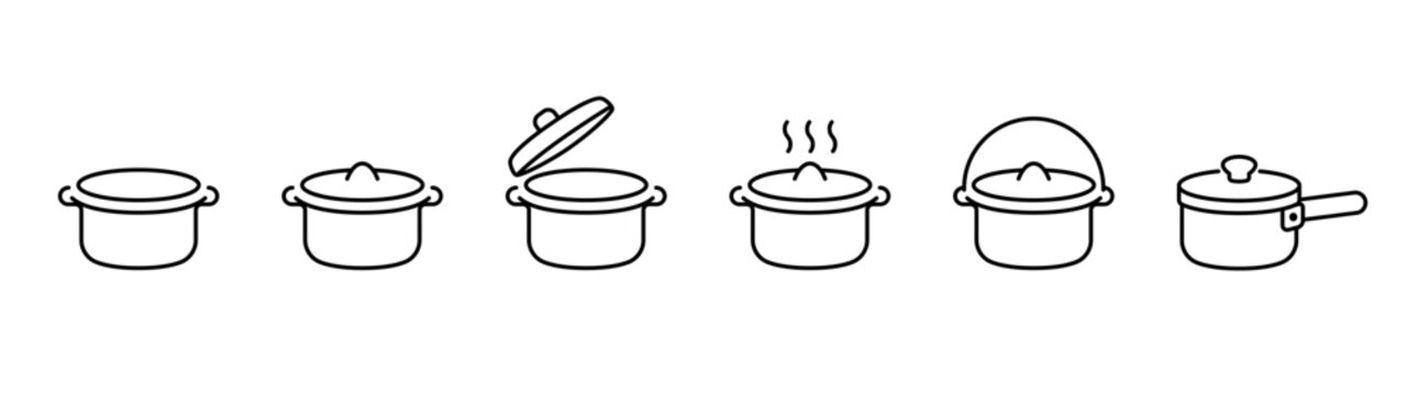 Cooking pot outline icon set. Cookware and kitchen utensil line symbols. Saucepan with lid for cooking food, boiling and heating. Household kitchenware illustration for culinary and domestic concepts.