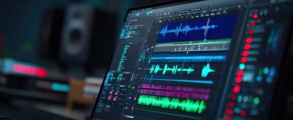 The Audio Editing Workstation Display Showing Multitrack Waveforms, Mix Levels, and Controls