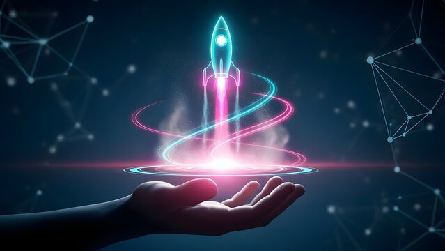 Digital rocket launch from a human palm. Startup innovation and business expansion. Glowing spaceship lifting off from a hand with light trails and network connections