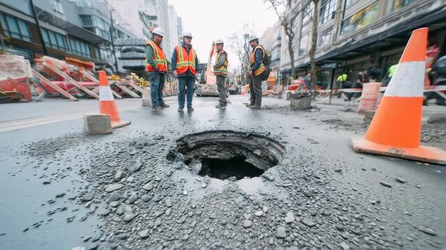 Team examines large pothole on city street during construction work in the morning
