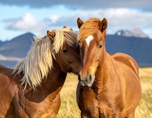 Obraz premium Two equines, sharing affection, stand close with tan coats, flowing manes, and gentle gazes. Mountains and a blue sky form the backdrop