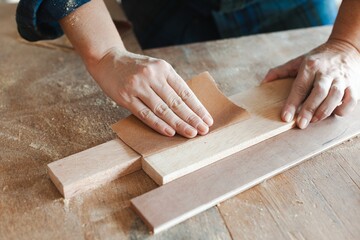 Hands sanding wood craftsmanship. Woodworking involves sanding, smoothing surfaces. Craftsmanship in woodworking requires careful sanding, precise technique. Woodworking and construction work concept.