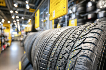 A close-up view of tires stacked in a shop, showcasing their tread patterns and the organized retail environment around them.
