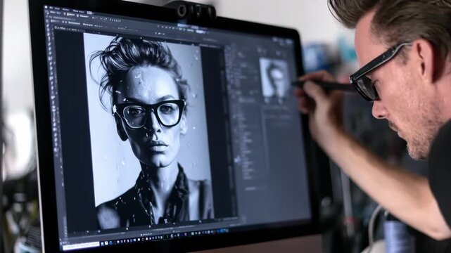 Medium shot of an expert retouching a damaged portrait by removing blemishes and scratches on a computer screen in a studio environment.