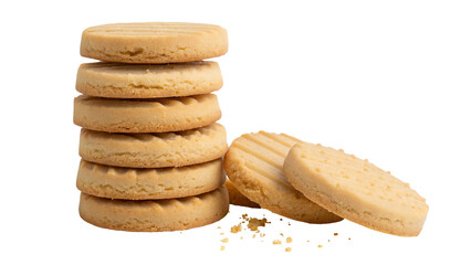 Stack of shortbread cookies on transparent background with crumbs