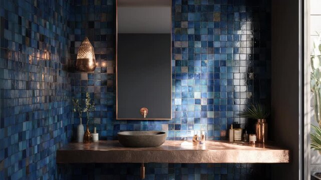 Explore a modern bathroom with blue tiles and simple decor in this stylish setting