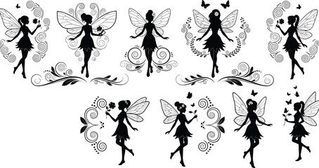 Naklejka premium Elegant set of decorative fairy silhouettes with wings and floral swirls, magical fantasy characters isolated on white background for illustration, crafts, and graphic design projects