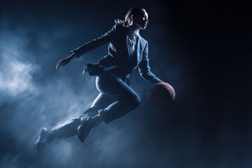 Obraz premium A female executive in a tailored business suit leaps through swirling mist with a basketball in hand, embodying decisive action and leadership.