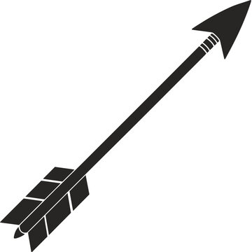 Silhouette of tribal arrow pointing up and right featuring decorative fletching and sharp arrowhead for hunting or archer sport themed graphic design