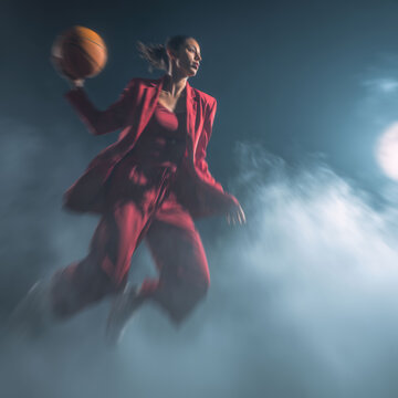 A female executive in a tailored business suit leaps through swirling mist with a basketball in hand, embodying decisive action and leadership.