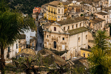 Church Of Santa Maria Dell Itria In Ragusa, Sicily: Historic Baroque Stone Facade And Bell Tower Rising Above Traditional Southern Italian Old Town