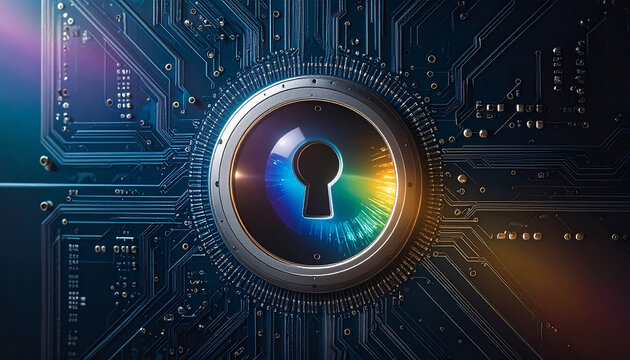Digital Fortress: An artistic eye-shaped lock symbol merges with circuit board patterns, highlighting data security, encryption, and digital protection. - Powered by Adobe