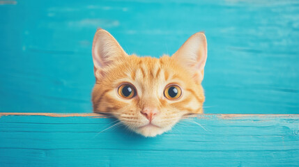 Ginger cat looking over a wooden surface with bright blue background