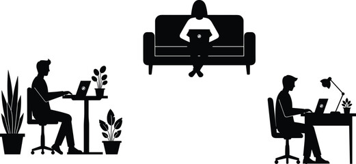 People working from home silhouettes showing laptop remote work freelance and home office lifestyle isolated on white background vector illustration modern digital workspace conceptWeb