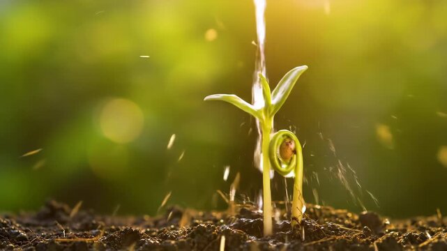 Young plant sprouting in the soil with water droplets