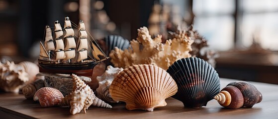 Seashells and small sailing ship on wooden table with nautical theme and color background