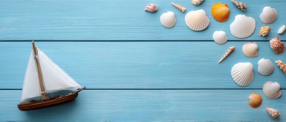 Flat lay of seashells and a toy ship on blue wood background, captured in high resolution for stock photo contest