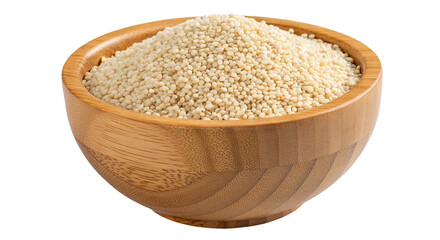 Mound of quinoa in wooden bowl on transparent background
