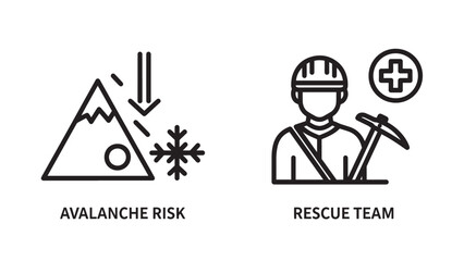 Fototapeta premium Mountain safety warning icons for avalanche risk and professional rescue team
