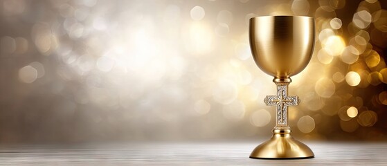 Golden chalice and cross on soft blurred background with empty space for text or design in a well lit setting