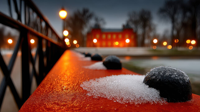 Evening view of a pedestrian island with railing featuring fresh snow accumulation and illuminated streetlights in urban setting