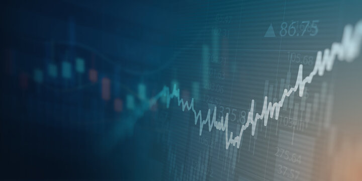 financial chart with uptrend line candlestick graph in stock market on blue color monitor background - Powered by Adobe