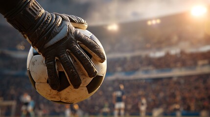 A close-up view of a goalie's gloved hand grasping a soccer ball on a sunny day