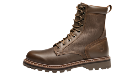Brown leather work boot with rugged sole and laces