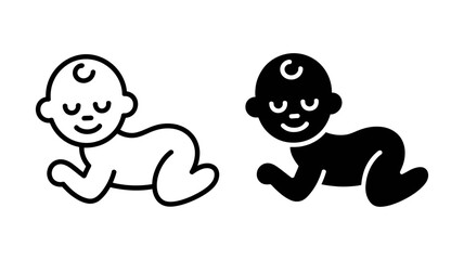 Minimalist crawling baby icon set in black outline and silhouette design