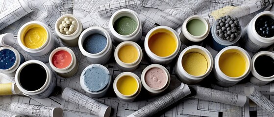 Colorful paint cans with swatches and construction plans showcase home detailing options for interior projects