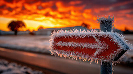 Frost-covered metal signpost at sunrise with vibrant skies and icy details