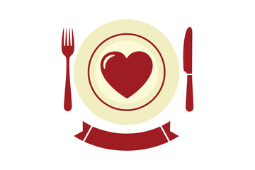Heart shaped plate with utensils vector icon for valentine's day celebration symbolizing love, romance and cheerful design