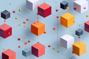 Abstract 3D cubes connected by lines forming a network and representing data or technology concepts
