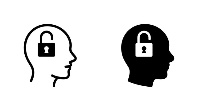 Unlocking the mind concept with open padlock icon on head silhouette