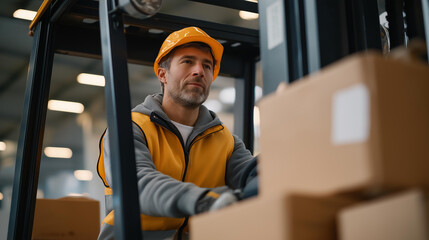 A trained operator maneuvers a forklift, carefully loading boxes onto a truck at a distribution center, representing logistics coordination and material handling. cinematic color correction,