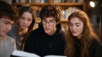 Fototapeta premium Warm lamp light spills over a bookshelf as senior mentors offer feedback and the team asks questions, agendas updated and mentorship noted during a home office meeting about career growth.