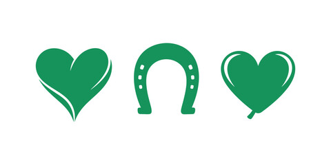 Three green icons including heart, horseshoe and balloon representing love, luck and celebration for st. patrick's day theme