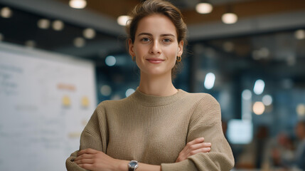 A young woman stands confidently in front of a whiteboard, presenting innovative ideas to her team, as they listen intently and take notes during a dynamic problem-solving session at work.