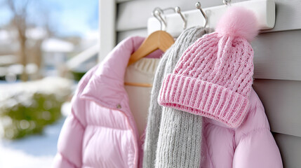 Warm winter ensemble hung on hooks: pink jacket, gray scarf, and knitted hat